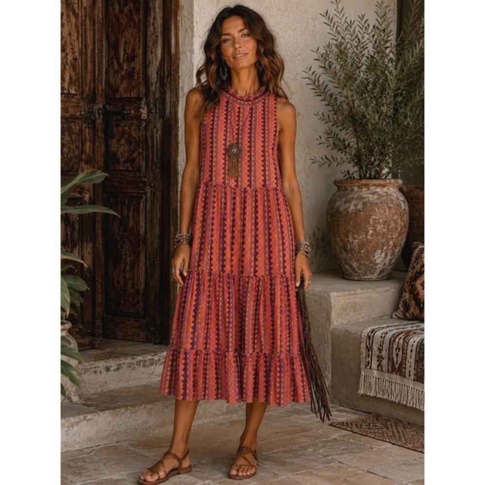 Oliphant Geometric Aztec Midi Tiered Dress‎ Size XS Sleeveless High Neck Ruffle
